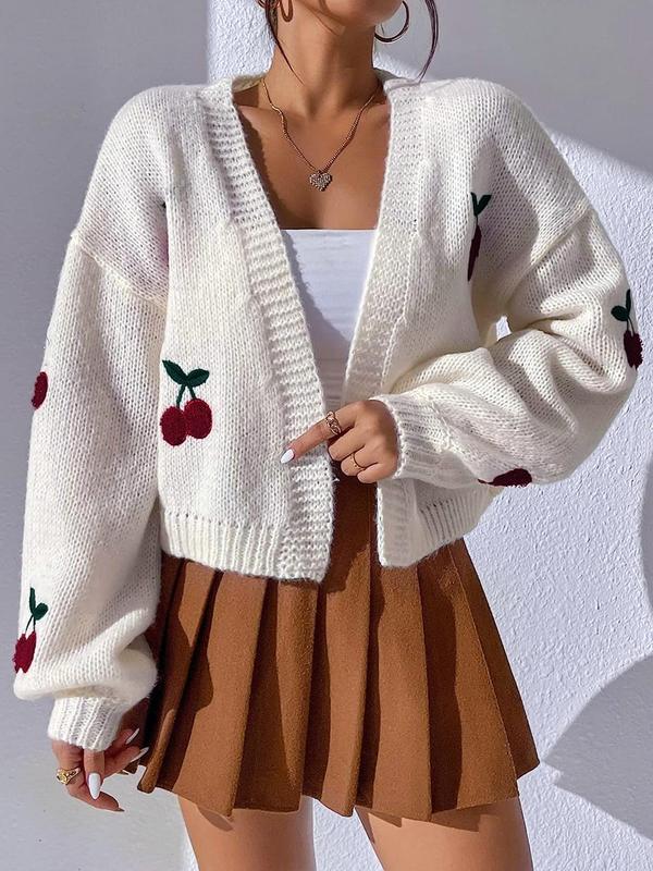 Women's Cute Cherry Print Open Front Drop Shoulder Cardigan, Fitted Knitting Vneck Lady Top, Comfort Casual Longsleeves Knitwear Top for Fall, Cardigan Sweater, Women's Simple Outerwear, Spring Outfit, Fall Outfits, Fallfreshness, Casual Outfit